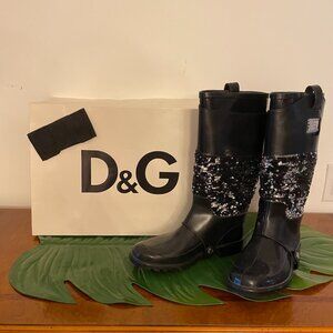 Dolce & Gabbana Sequins Embellished Leather Wellington Rubber Rain Boots